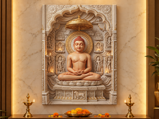 Bhagwan Mahavir Swami 3D Marble Effect Photo Frame – Jain Mandir Canvas & Acrylic Wall Decor