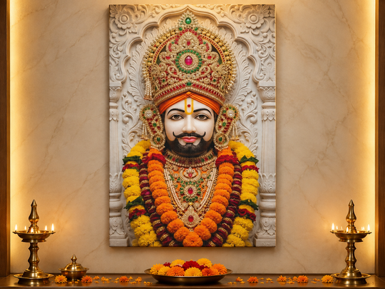 Khatu Shyam Ji 3D Marble Effect Photo Frame – Pooja Room Premium Canvas & Acrylic Wall Frame Decor