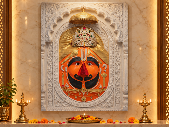 Salasar Balaji 3D Marble Effect Temple Photo Frame – Pooja Room Premium Canvas & Glossy Acrylic Wall Decor