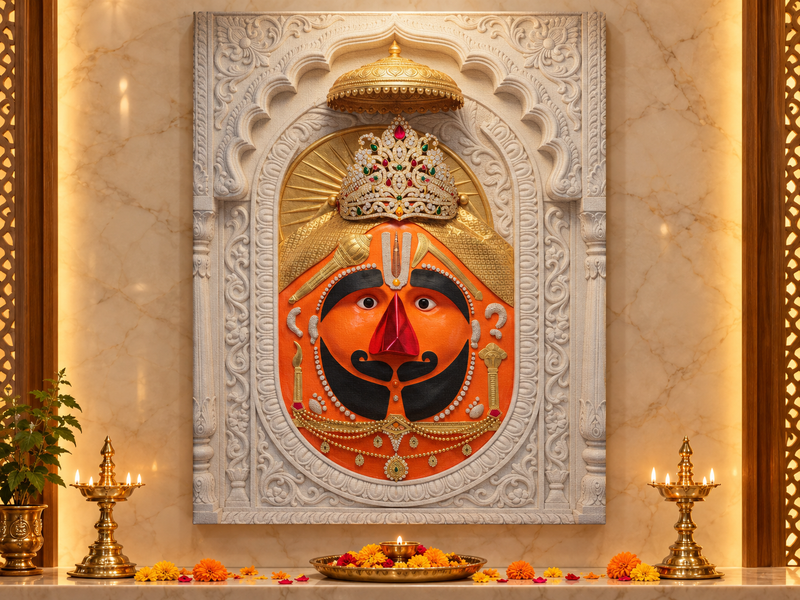 Salasar Balaji 3D Marble Effect Temple Photo Frame – Pooja Room Premium Canvas & Glossy Acrylic Wall Decor