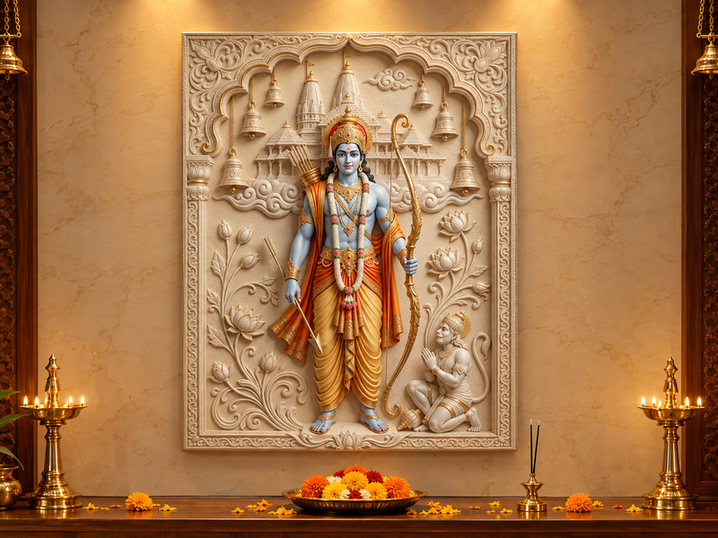 Divine Lord Ram & Kneeling Hanuman 3D Marble Effect Ayodhya Temple Photo Frame – Pooja Room Premium Canvas & Acrylic Wall Decor Frame