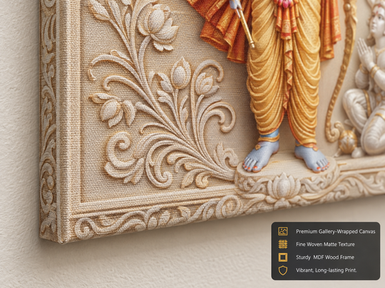 Divine Lord Ram & Kneeling Hanuman 3D Marble Effect Ayodhya Temple Photo Frame – Pooja Room Premium Canvas & Acrylic Wall Decor Frame