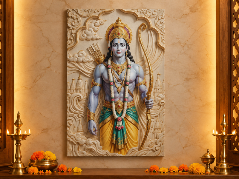 Divine Lord Shri Ram 3D Marble Effect Photo Frame – Pooja Room Premium Canvas & Acrylic Wall Decor Frame
