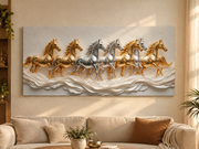 Vastu 7 Running Horses Metallic Gold & Silver Minimalist 3D Illusion Photo Frame – Office & Living Room Premium Canvas & Acrylic Wall Decor Frame