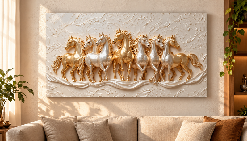 Vastu 7 Running Horses Metallic Gold & Silver 3D Textured Photo Frame – Office & Living Room Premium Canvas & Acrylic Wall Decor Frame