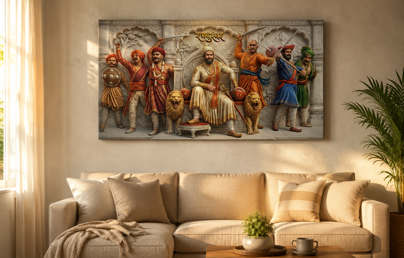 Chhatrapati Shivaji Maharaj 'Randhurandhar' & Armed Maratha Warriors – 3D Canvas – Premium Canvas & Glossy Acrylic Frame