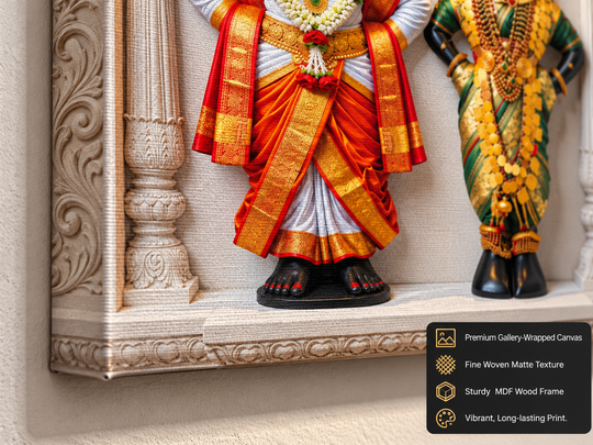 भगवान विठ्ठल आणि देवी रुक्मिणी: दिव्य दर्शन पंढरपूर परिवार हेरिटेज वॉल आर्ट – लक्झरी कॅनव्हास | ग्लॉसी ॲक्रेलिक फ्रेम