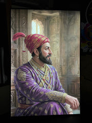 Purple Poshakh and Pink Turban with Intricate Gold Embroidery: Chhatrapati Shivaji Maharaj –  Premium LED Frame with Adapter