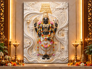 Divine Tirupati Balaji with Lotus Garland 3D Marble Effect Golden Temple Photo Frame – Pooja Room Premium Canvas & Acrylic Wall Decor Frame