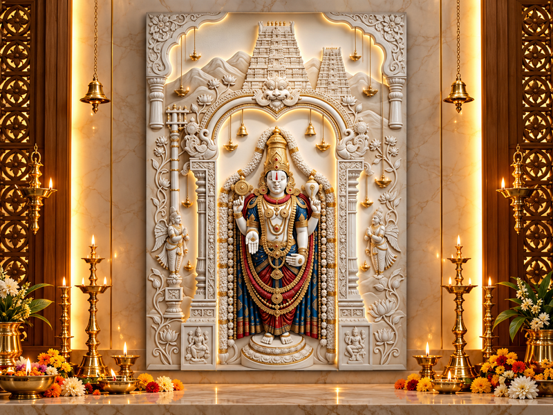 Divine Tirupati Balaji White Marble 3D Effect Temple Photo Frame – Pooja Room Premium Canvas & Acrylic Wall Decor Frame