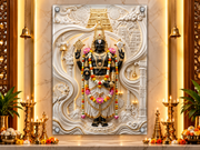 Divine Tirupati Balaji with Lotus Garland 3D Marble Effect Golden Temple Photo Frame – Pooja Room Premium Canvas & Acrylic Wall Decor Frame