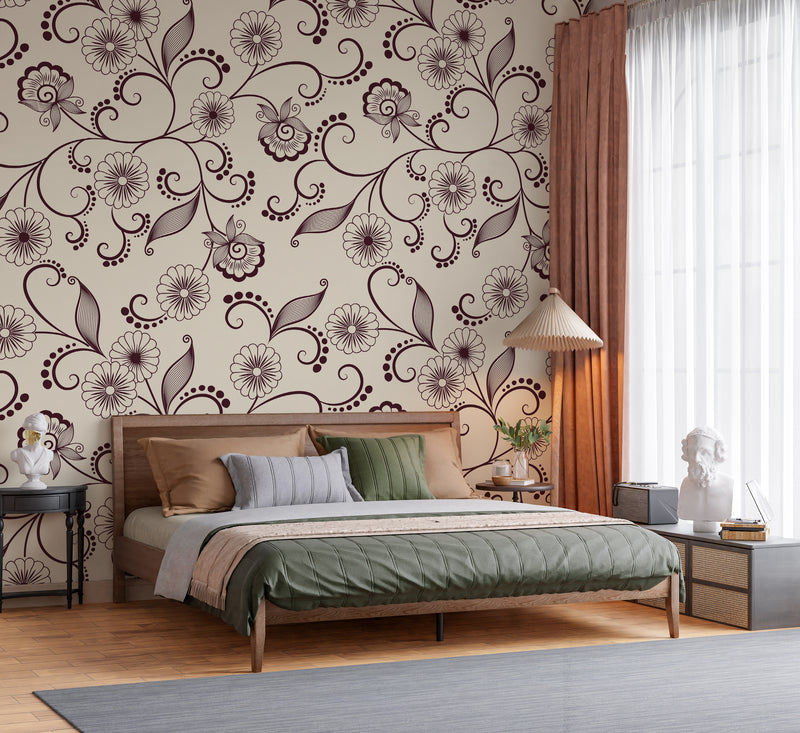 Classic Maroon Scrolling Vine Floral Heritage Botanical Premium Wallpaper