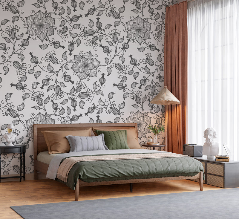 Intricate Monochrome Grey and White Floral Heritage Botanical Premium Wallpaper