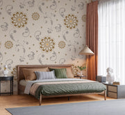 Classic Gold and Grey Scrolling Vine Floral Heritage Vintage Botanical Premium Wallpaper