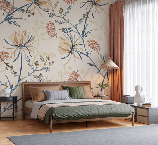 Ethereal Watercolor Blue and Beige Botanical Floral Heritage Premium Wallpaper