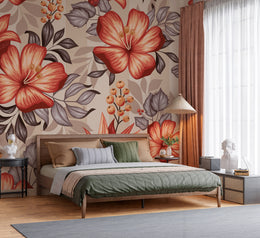 Bold Terracotta Blooms and Grey Leaves Floral Heritage Botanical Premium Wallpaper