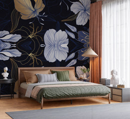 Majestic Midnight Blue and Gold Line Art Floral Heritage Botanical Premium Wallpaper