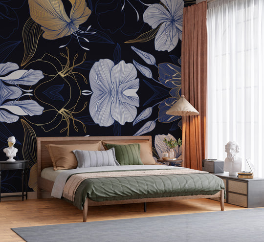 Majestic Midnight Blue and Gold Line Art Floral Heritage Botanical Premium Wallpaper