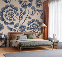 Oversized Dusty Blue Folk Art Floral Heritage Botanical Premium Wallpaper