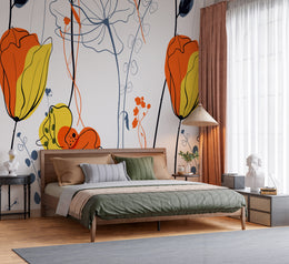 Abstract Vibrant Orange and Navy Line Art Floral Heritage Botanical Premium Wallpaper