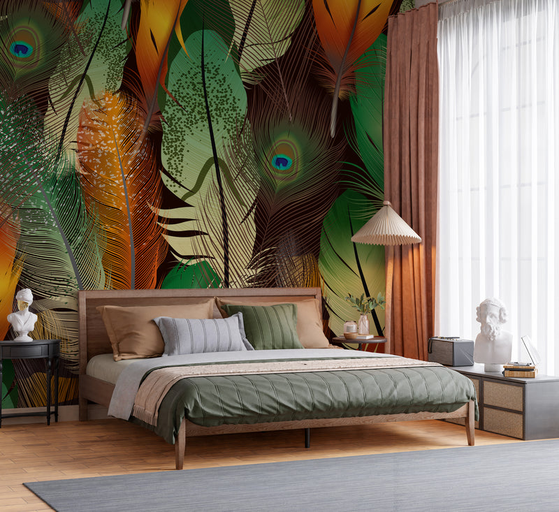 Majestic Indian Peacock Feathers and Vibrant Bird Plume Floral Heritage Premium Wallpaper