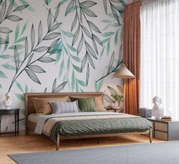 Serene Teal Watercolor Leaves Floral Heritage Botanical Premium Wallpaper