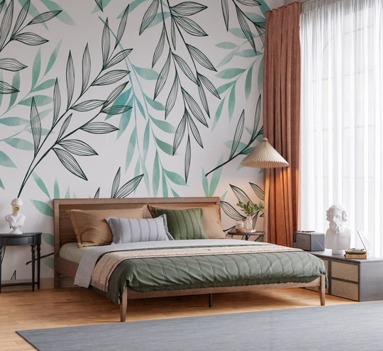 Serene Teal Watercolor Leaves Floral Heritage Botanical Premium Wallpaper