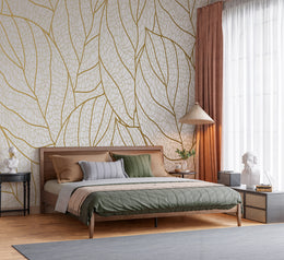 Elegant Mustard Gold Line Art Leaf Vein Floral Heritage Botanical Premium Wallpaper