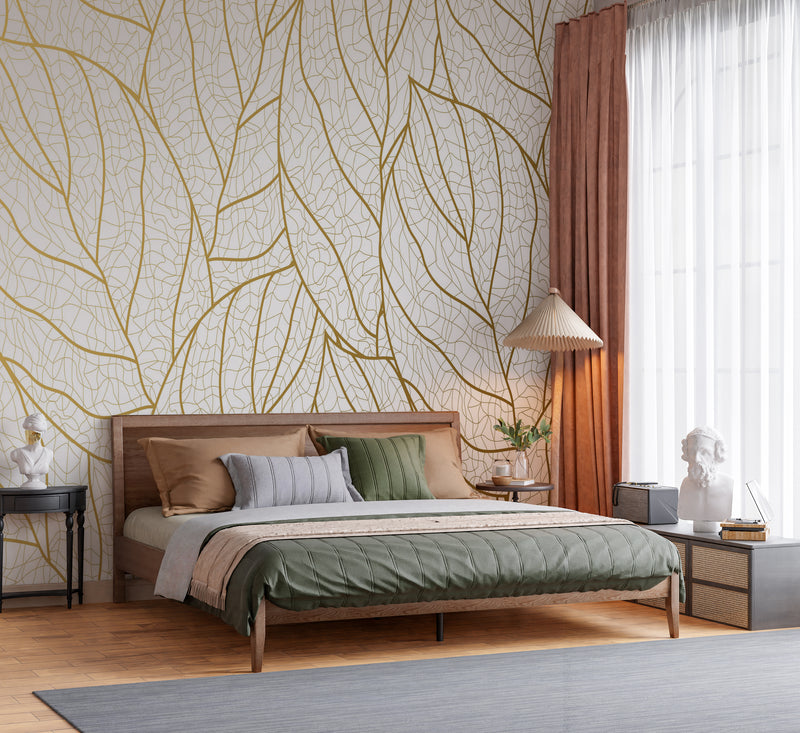 Elegant Mustard Gold Line Art Leaf Vein Floral Heritage Botanical Premium Wallpaper