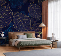 Majestic Midnight Blue and Gold Skeleton Leaf Line Art Floral Heritage Botanical Premium Wallpaper