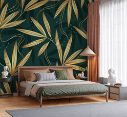 Opulent Emerald Green and Gold Bamboo Leaf Floral Heritage Botanical Premium Wallpaper