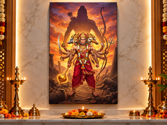 प्रभु श्रीराम यांच्या छायचित्रासह पंचमुखी हनुमान आणि गदा व त्रिशूल धारण केलेले दहा हात: महाबली बजरंगबली – 3D गोल्ड फॉइल प्रीमियम कॅनव्हास वॉल फ्रेम