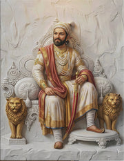 Seated on Sinhasan with Two Lions and Royal Court Scene: Chhatrapati Shivaji Maharaj 3D Gold Foil Premium Canvas Frame