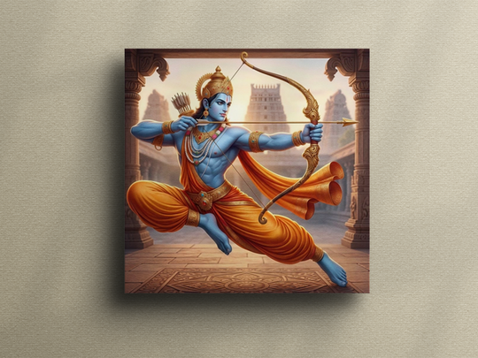 Lord Rama Aiming Divine Bow Temple Heritage Portrait - Premium Canvas Wall Art