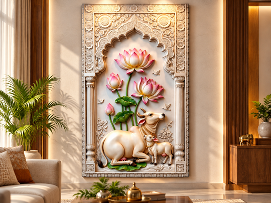 गौ माता आणि वासरू: कमल आणि मंदिर कमानीसह थ्रीडी व्हाईट थीम – थ्रीडी गोल्ड फॉइल प्रीमियम कॅनव्हास वॉल फ्रेम