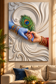 Radha Krishna Hands & Peacock Feather Premium Canvas & Acrylic Frame – 3D Marble Effect Wall Decor Frame