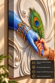 Radha Krishna Hands & Peacock Feather Premium Canvas & Acrylic Frame – 3D Marble Effect Wall Decor Frame