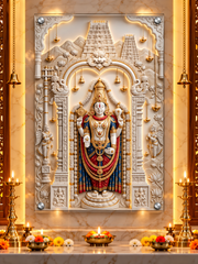 Divine Tirupati Balaji White Marble 3D Effect Temple Photo Frame – Pooja Room Premium Canvas & Acrylic Wall Decor Frame