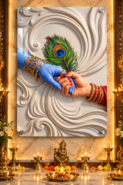 Radha Krishna Hands & Peacock Feather Premium Canvas & Acrylic Frame – 3D Marble Effect Wall Decor Frame
