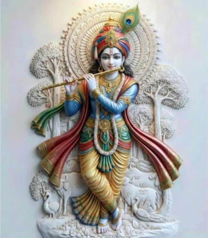 Divine Melody: 3D Relief Style Krishna Canvas Print with Frame
