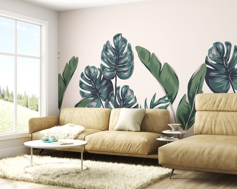 Oversized Tropical Jungle Foliage Monstera and Banana Leaf Botanical Premium Wallpaper