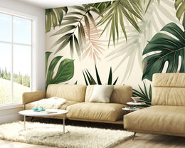 Lush Tropical Palm Trees and Monstera Jungle Leaves Botanical Boho Premium Wallpaper