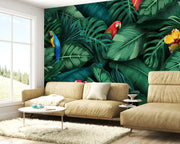 Vibrant Tropical Rainforest Macaw Parrot and Dense Jungle Leaves Botanical Premium Wallpaper