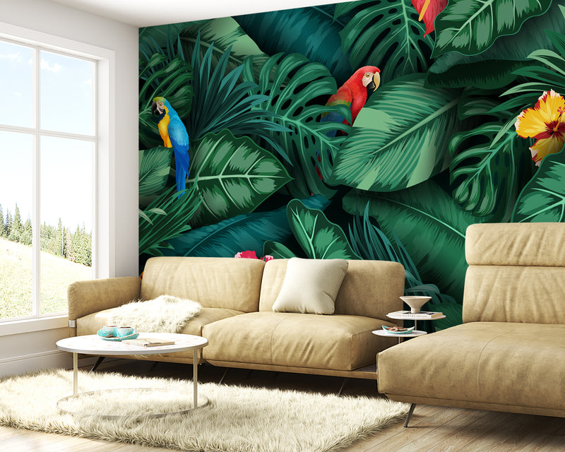 Vibrant Tropical Rainforest Macaw Parrot and Dense Jungle Leaves Botanical Premium Wallpaper