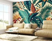 Bold Tropical Palm Trees and Colorful Jungle Leaves Botanical Premium Wallpaper