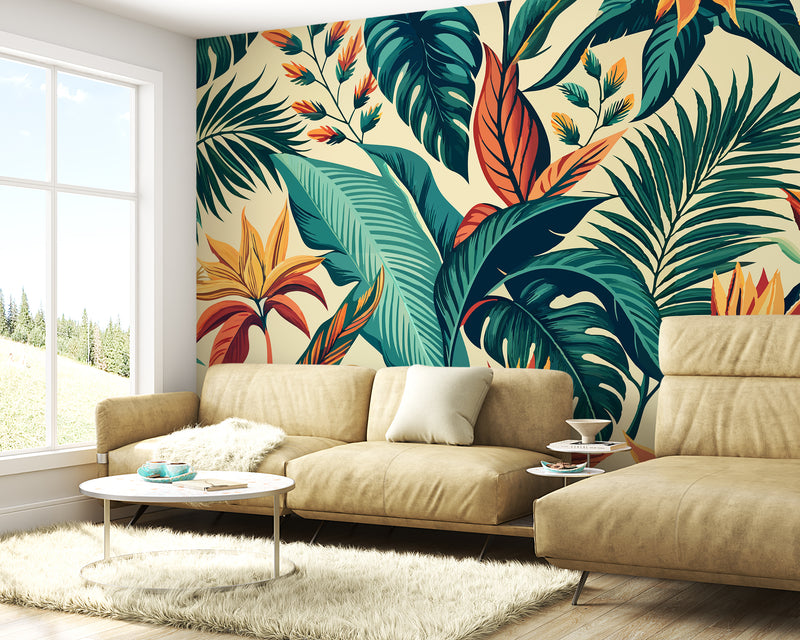 Bold Tropical Palm Trees and Colorful Jungle Leaves Botanical Premium Wallpaper