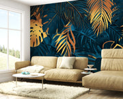 Majestic Dark Teal Tropical Palm Trees and Gold Jungle Leaves Botanical Premium Wallpaper