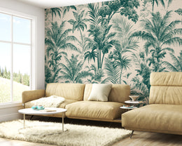 Serene Vintage Tropical Palm Trees and Etched Jungle Landscape Botanical Premium Wallpaper