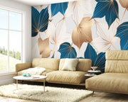 Majestic Teal and Metallic Gold Abstract Tropical Jungle Leaves Botanical Premium Wallpaper