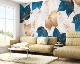 Majestic Teal and Metallic Gold Abstract Tropical Jungle Leaves Botanical Premium Wallpaper